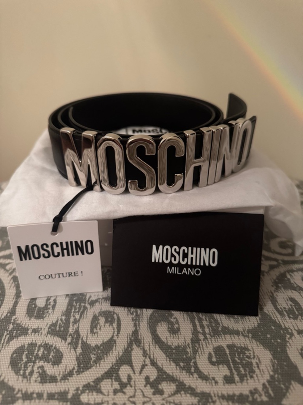 Moschino Black Leather Belt with Silver Logo Letters